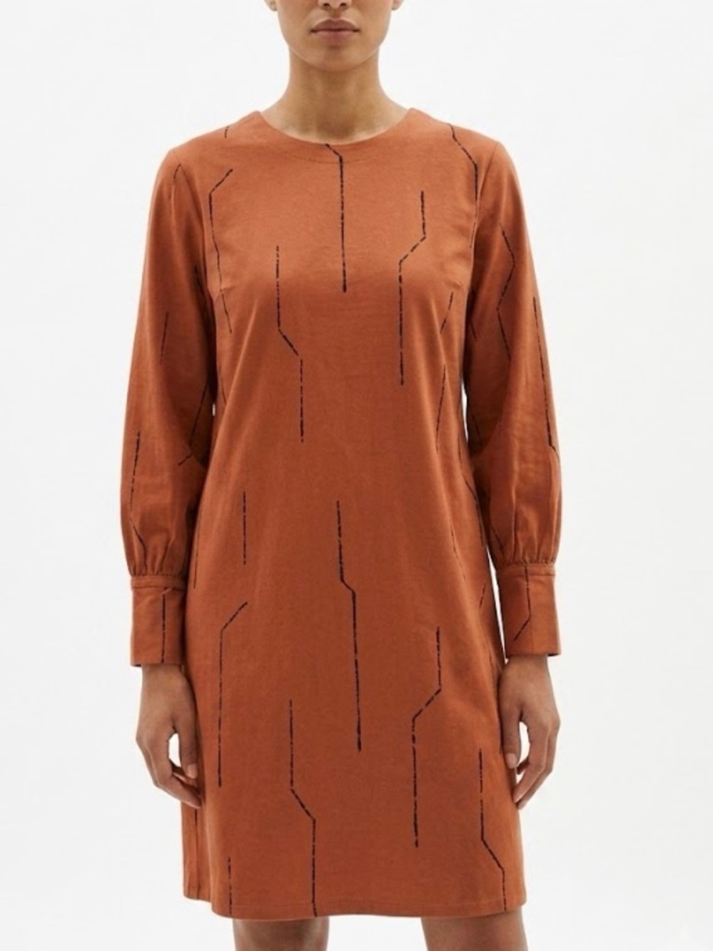 Bel Kazan Long-Sleeve Rust Shift Dress with Subtle Geometric Detail S